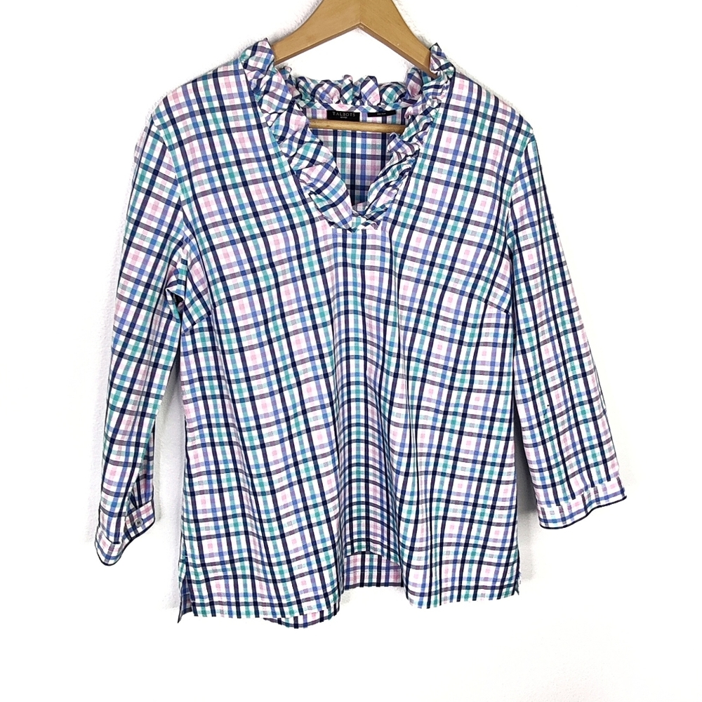 Talbots Plaid Ruffle Neck Blouse